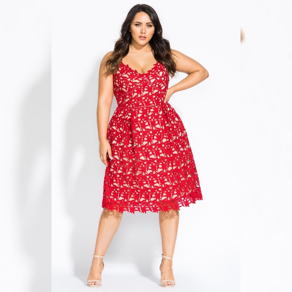 City Chic So Fancy Red Lace Dress With Nude Lining